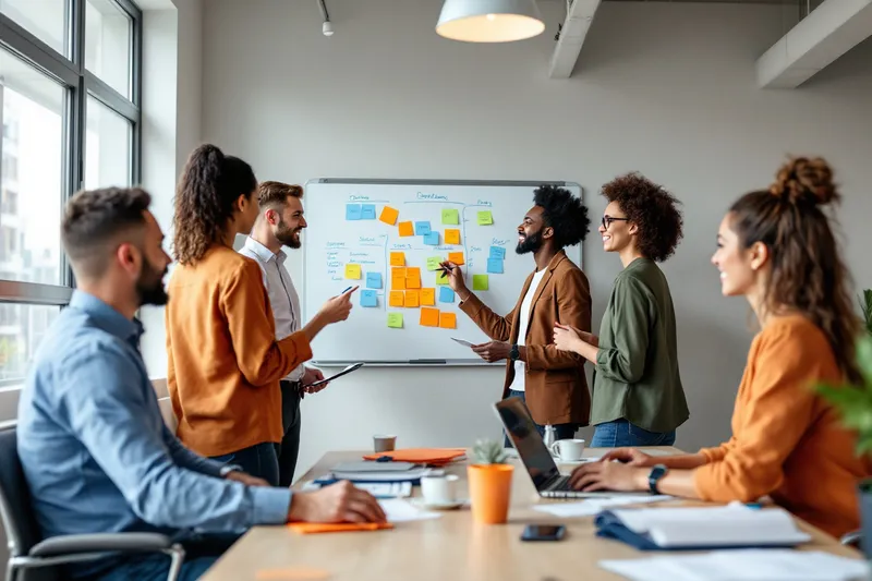 Multiple people working together in a room with a whiteboard